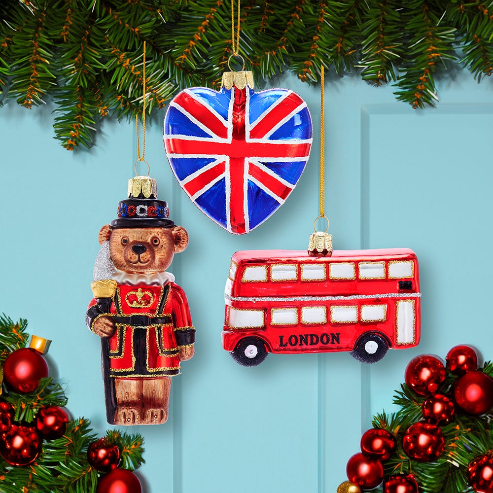 Kurt Adler 4.5-Inch Britain Inspired Glass Ornaments, Set of 3